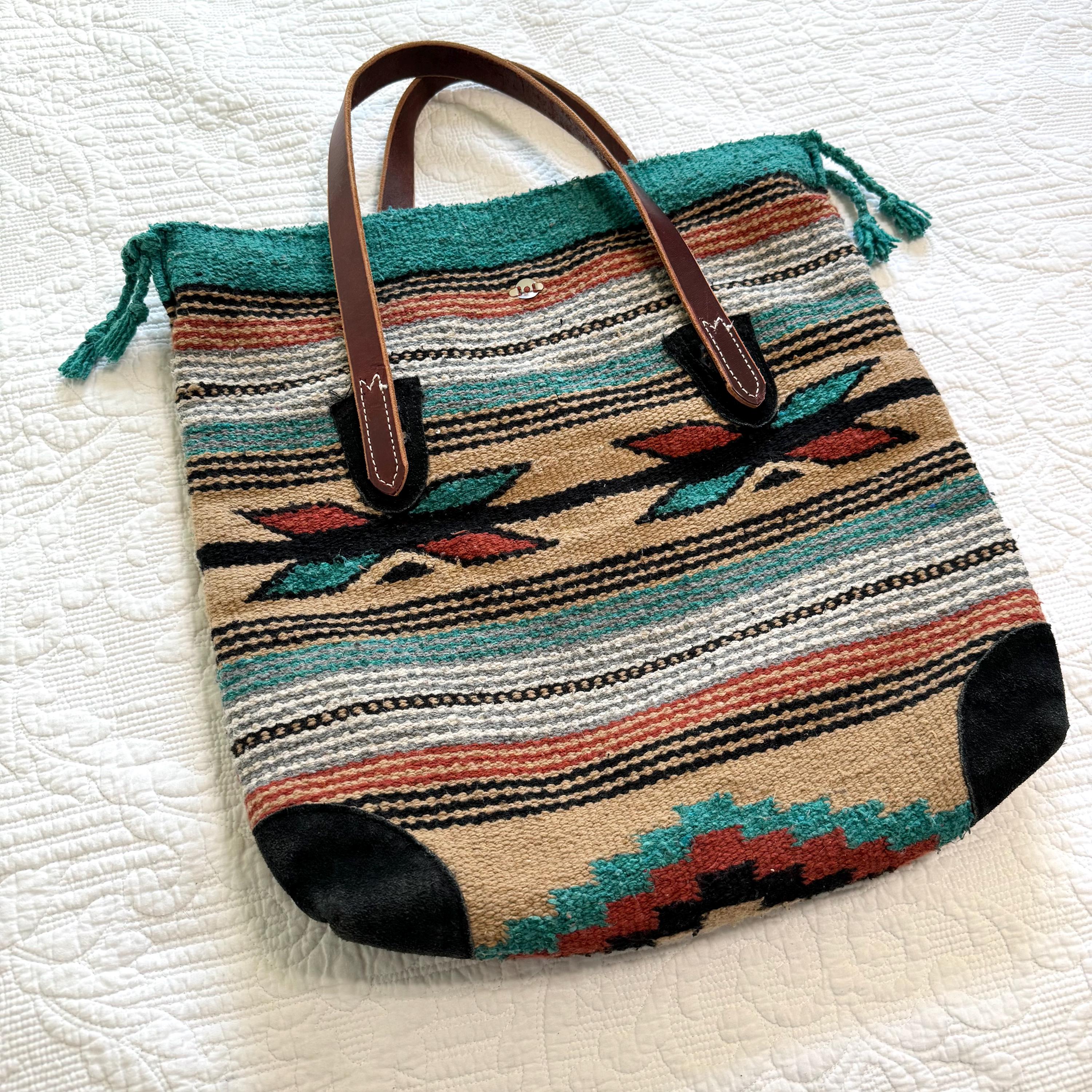 *SALE* Handcrafted Navajo Wool Blanket Tote Handmade Navajo Wool Tote Bag – Large Rug & Leather Shoulder  main image 4