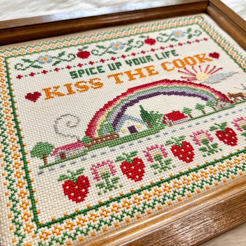 Vintage 'kiss the Cook' Cross Stitch Colorful Handmade Artwork, Wood