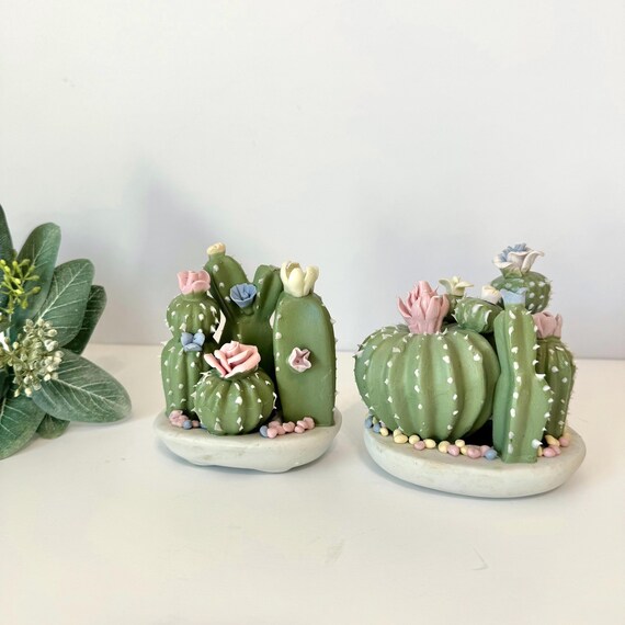 Vintage 90s Ceramic Cactus Succulent Figurine Set, Pair of 2 Potted Cacti Pottery Figurines, Cactus Flower Southwest Home Decor