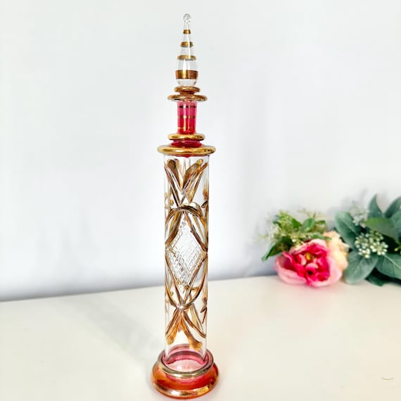 Vintage Egyptian Glass Tall Perfume Bottle, Gold Etched & Cranberry Glass, Bohemian Style Handblown Glass Collectible Fragrance Bottle