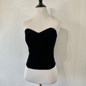 Vintage 80s You Babes Black Velvet Bustier Strapless Tube Top, Black Velour Smocked Tube Top