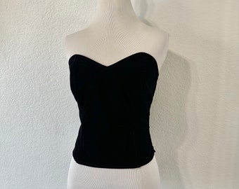 Vintage 80s You Babes Black Velvet Bustier Strapless Tube Top, Black Velour Smocked Tube Top