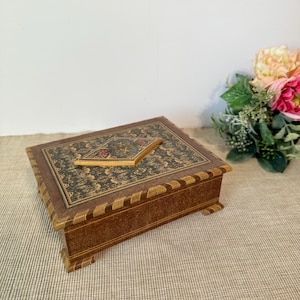 Vintage Tunbridge Wooden Box with Pink Tufted Lining, Small Decorative Box, Naples Italy Wooden Marquetry Box Secret Lock, Jewelry Box