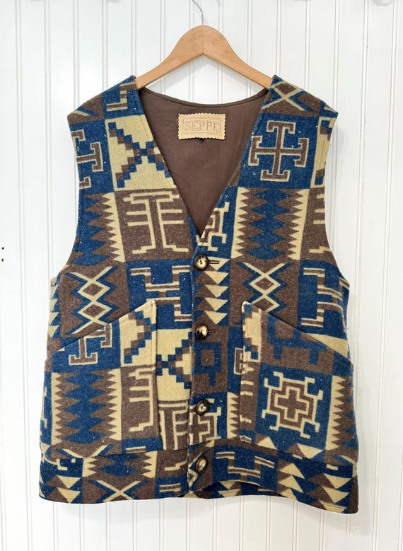 Vintage 80s Seppe Western Vest, Western Wool Blanket Vest Brown and Blue, Men's Large Jacket's/Outerwear, 1980s Geometric Print Western Wear