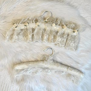 Vintage Frilly Ivory Hangers, Vintage Bridal Hanger Lace & Satin Flowers, White Lace Handmade Fabric Clothing Hangers