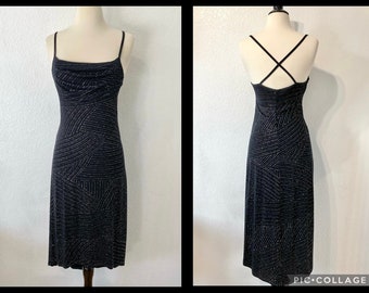 Vintage 90s Rampage Sparkly Black Dress, High-Low Criss Cross Straps, Ruched Bust Spaghetti Strap Dress, Vintage Formal Party Dresses