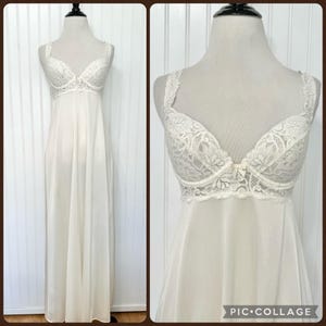 Vintage 80s Victoria&#39;s Secret Cream Lace & Sheer Maxi Dress, Vintage White Ivory Long Slip Dress with Built In Bra, Bridal Nightgown/Slips
