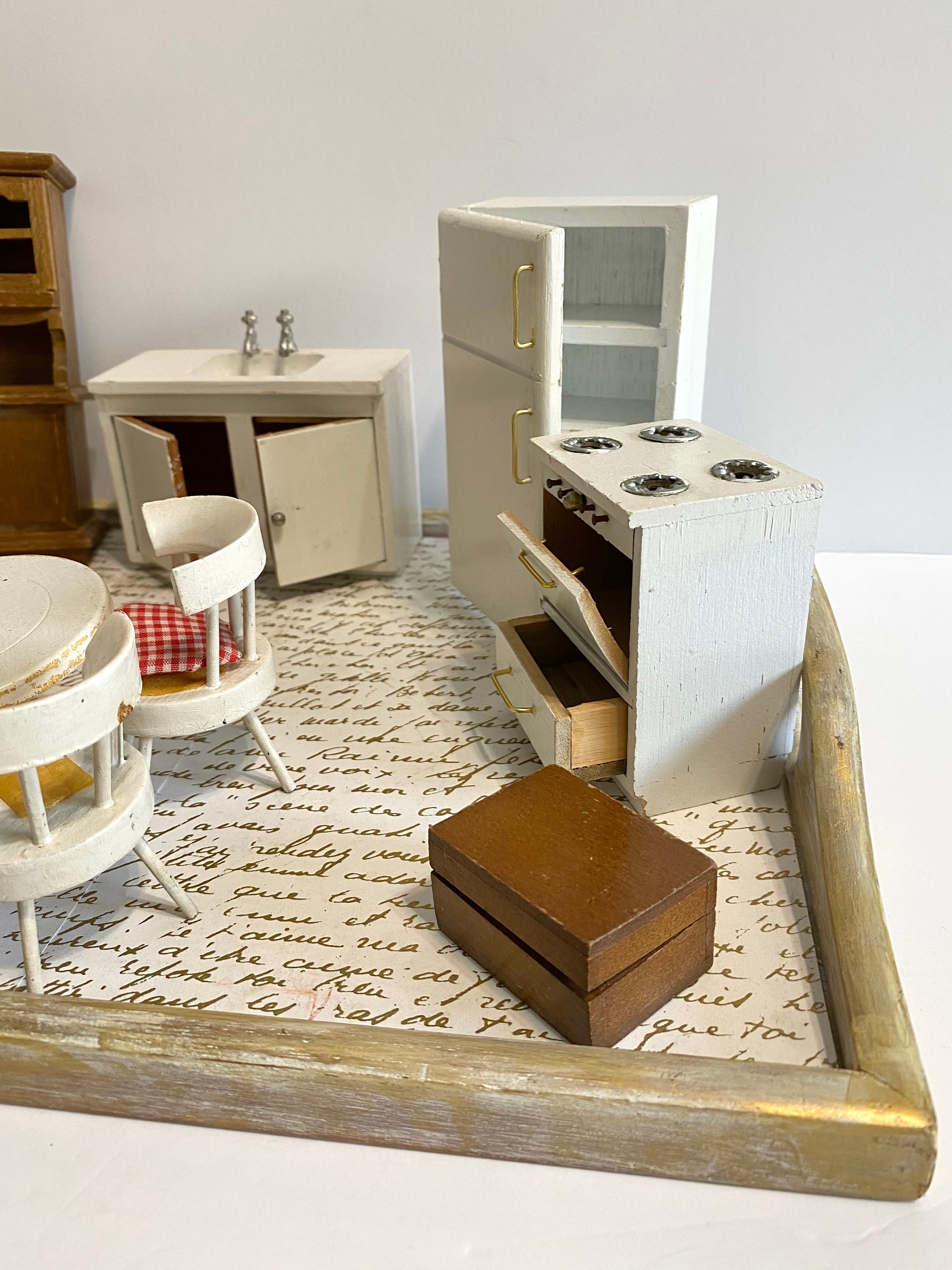 Vintage Dollhouse Kitchen 9-piece Set, White Fridge, Sink and Oven, Mini  Butcher Block, Round White Dining Table, Miniatures Collectibles - Etsy, image size:2250x3000