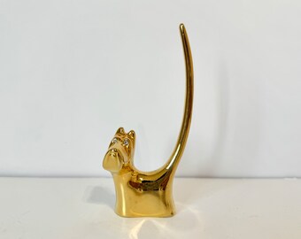 Vintage Gold Tone Scottie Dog Ring Holder, Scottish Terrier Figurine Rhinestone Eyes, Jewelry Ring Holder Paperweight