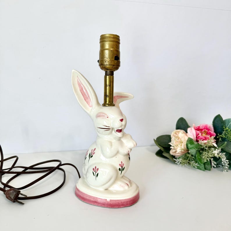 Vintage 50s/60s White Rabbit Lamp, Glazed Ceramic White & Pink Rabbit ...