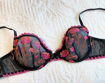 Vintage Floral Embroidered Mesh Bra, Pink/Orange Scalloped Lace Bra, Women's Intimates/Lingerie, Full Coverage Lace Mesh Floral Bra