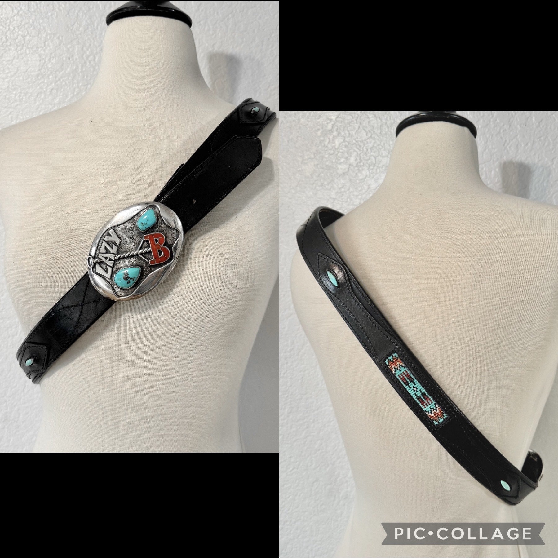 Vintage Turquoise & Coral Sterling Silver Black Leather Belt  display picture 1