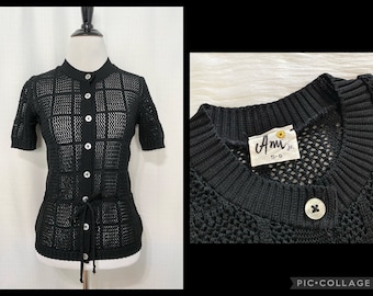 Vintage 1970s Ami Jr. Black Crochet Blouse, Short Sleeve Button Down Crochet Blouse