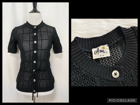 Vintage 1970s Ami Jr. Black Crochet Blouse, Short Sleeve Button Down  Crochet Blouse