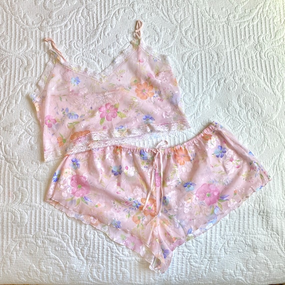 Vintage Rare 90s Victoria s Secret Pink Floral Lace Mesh Pajama