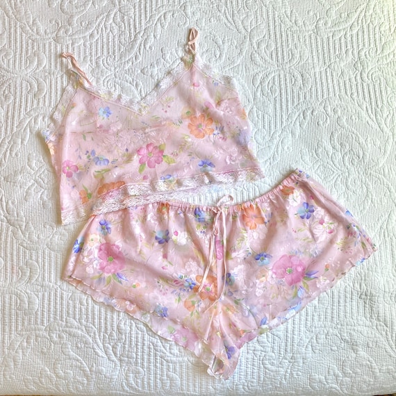 Vintage Rare 90s Victoria's Secret Pink Floral Lace Mesh Pajama Set, Cami &  Shorts PJ Set, Cropped Cami Mini Shorts Matching Set 