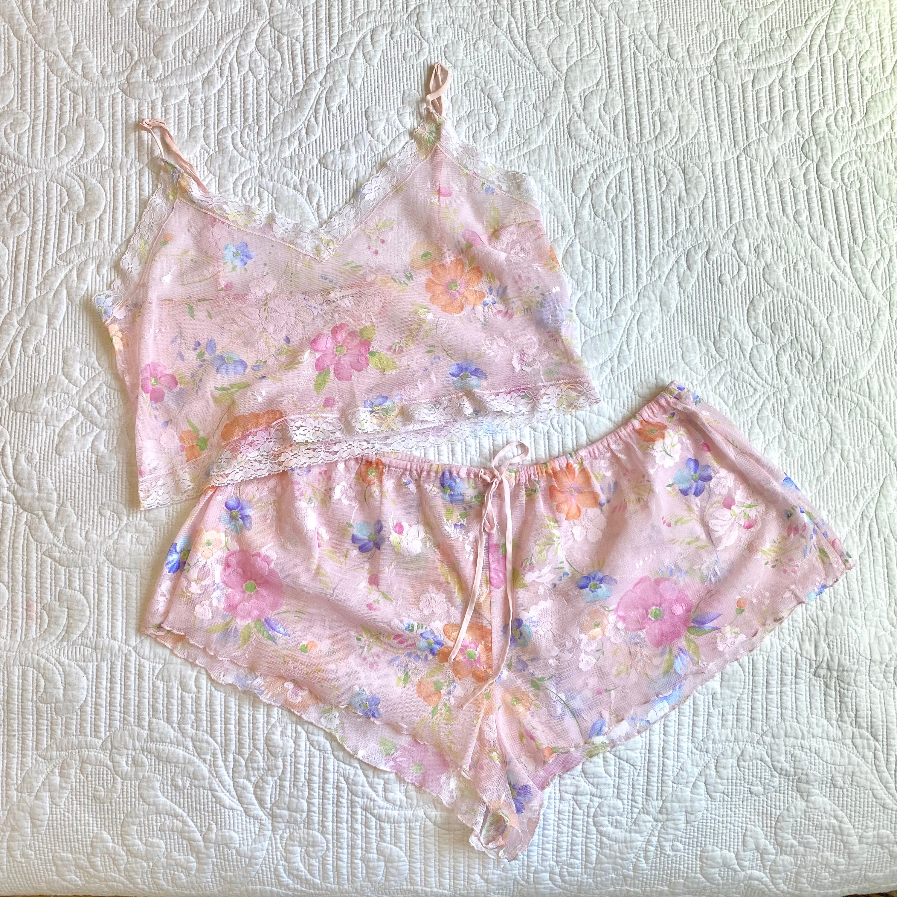 Vintage Rare 90s Victoria's Secret Pink Floral Lace Mesh Pajama