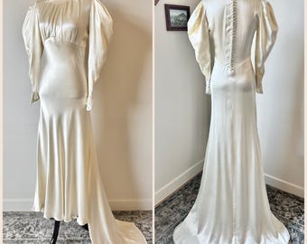 Antique 1930s Liquid Satin Wedding Gown, Art Deco Ivory / Oyster Satin Bias Cut Wedding Dress, Floral Lace Peter Pan Collar Button Back