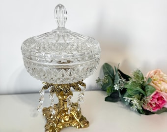 Vintage Victorian Rococo Lidded Crystal Glass Candy Dish Chandelier, Ornate Hollywood Regency Cut Glass Pedestal Bowl