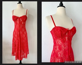 Vintage 90s Cinema Etoile Red Lace Midi Dress, Corset Bow Ribbon Bust, Women's Lingerie & Slips, Underwire Long Slip Dress