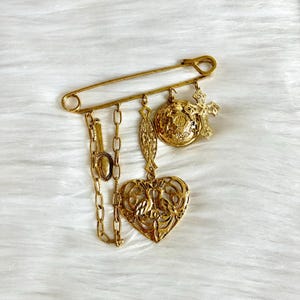 Vintage Gold Safety Pin Brooch with Charms, Dangle Charm Brooch Heart & Cross, Gold Jewelry/Accessories