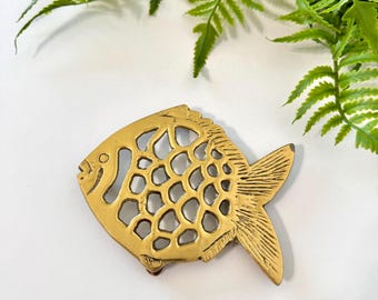 Vintage Gold Brass Fish Trivet, Small Kitchen Trivet Fish Shaped 5.25" L, Nautical Home & Kitchen Decor