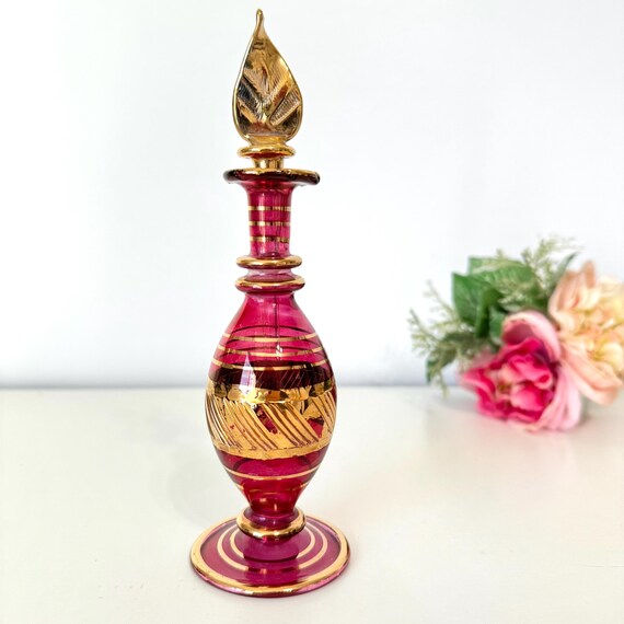 Vintage Egyptian Cranberry Glass Perfume Bottle, Gold Gilded Etched Blown Glass Handcrafted Collectible Perfume Bottles, Bohemian Glass