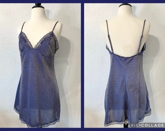 Vintage 2001 Victoria's Secret Blue Metallic Slip Dress, Midnight Blue Shimmer Mini Slip Dress, V-neck Lace Slip