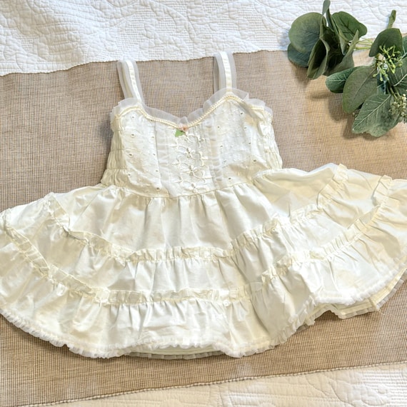 Vintage 1950s White Cotton Baby Dress, Ruffle Embroidered Circle Skirt Dress, Stoneswear South Carolina Toddler Size 2
