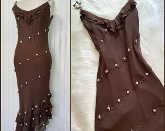 Vintage Y2K Mixit Brown Silk Dress, Asymmetrical Hem Ruffle Silk Formal Dress, Pink Rosettes Beaded Dress