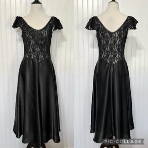 Vintage Cinema Etoile Black Satin & Lace Sequin Dress, Vintage Slips/Nightgowns Made in USA, Victorian Goth Style Dress