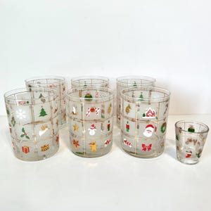 Vintage Culver Christmas Holiday Lowball Glass Cups, Set of 6 Cups with Shot Glass, Mid-Century Modern Culver Glassware/Barware/Drinkware