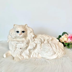 Vintage White Cat Statue, Life-sized Persian Cat Laying Down Statue Glazed Ceramic, Cat Lovers Home Decor 14.5&quot; Length