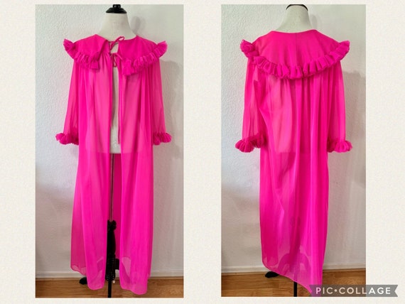Vintage Union Made Hot Pink Chiffon Sheer Robe Pe… - image 1