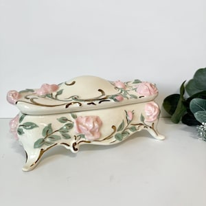 Vintage 1960 Pink Roses Keepsake Box, Jewelry Vanity Dresser Box with Lid, Victorian Decorative Footed Box, Gold Leaf Porcelain/Pottery