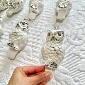 Vintage Style White & Silver Hand Blown Owl Christmas Ornaments, Sets of 4 Snowy Winter Owl Tree Ornament, Holiday Woodsy Home Decor
