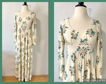 Vintage 1970s Phase II California Floral Prairie Empire Waist Long Dress, Long Sleeve Full-Length Dress, Gunne Sax Style Dress