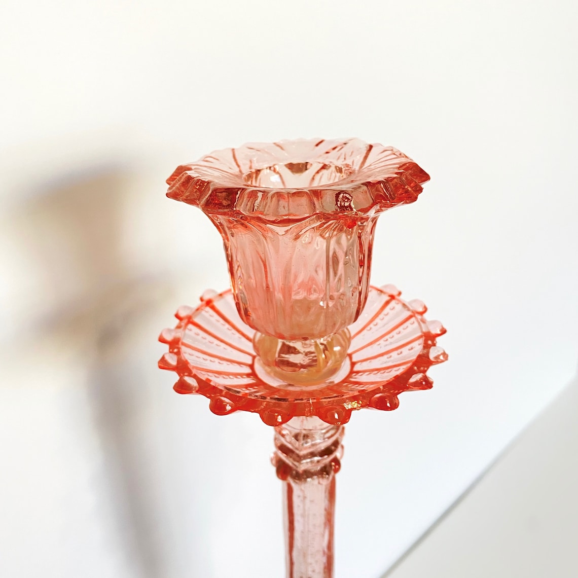 Vintage Tall Pink Depression Glass Candlestick Holder Ornate Etsy