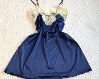 Vintage Sabrina for Mervyn's Navy & Cream Lace Slip Dress, Midnight Blue Dress, Women's Slips/Intimates/Lingerie/Sleepwear, Floral Lace Slip