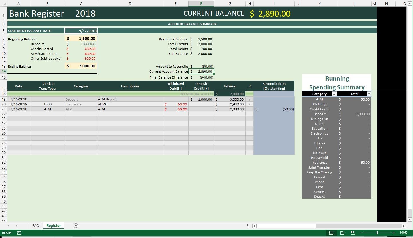 EXCEL Bank Account / Checkbook Register Spreadsheet - Excel Checkbook  Template (Reconciliation Feature) INSTANT DOWNLOAD Within Excel Checkbook Register Budget Worksheet