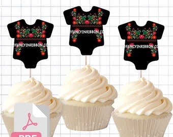 PDF File Fiesta Mexicana Baby Girl Floral  2 inch Onesie Tags & Cupcake Toppers