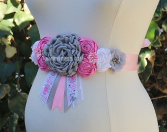 Baby Pink, Gray, white roses Baby Elephant Baby Shower Mommy to Be Corsage girl floral belly maternity sash