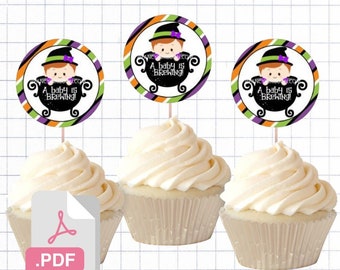 PDF File A baby is brewing Halloween Momster Mash Baby Shower Witch Party Themed Cupcake Toppers