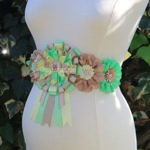 Bear Light Green & Yellow, Light Tan Baby Shower Mommy to Be Corsage Teddy bear floral maternity belly sash