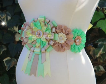 Bear Light Green & Yellow, Light Tan Baby Shower Mommy to Be Corsage Teddy bear floral maternity belly sash