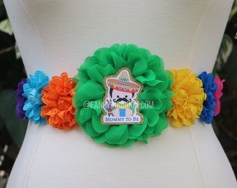 Mexican Fiesta Baby Boy belly floral sash maternity sash donkey Loteria  Baby Shower Themed Mommy to be