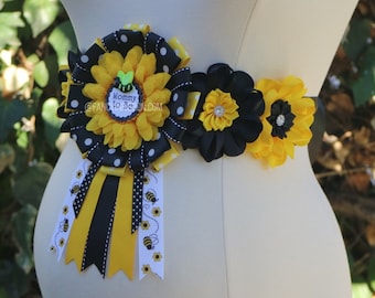 Bumble Bee Baby Shower, Black Yellow Flower Sash and Corsage Pin, Bumble Bee Baby Shower, Gender Reveal Maternity Sash, Bee Corsage Pin