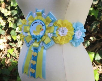 Rubber Ducky Baby Shower Maternity Sash, Duck Baby Shower Sash for Mom to be, Duck Maternity Sash blue yellow