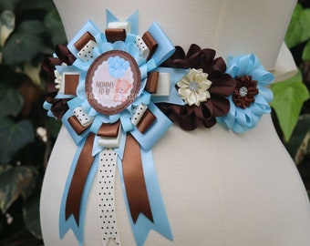 Blue Bear Baby Shower, Teddy Bear Blue brown beige balloons Flower Sash, Teddy Bear Corsage Pin, Bear Mommy To Be, Mama bear prince