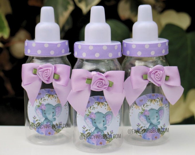 Featured listing image: 12 Lavender and Gray Baby Elephant Themed Baby Shower Party Favors Bottles - Baby Shower Games - Party Decorations